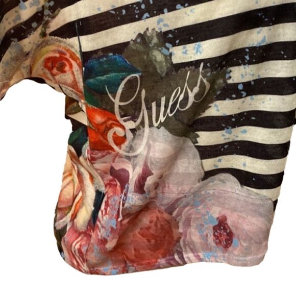 Guess Women's Black White Striped Floral Short Sleeve Top (Size Medium) - Picture 2 of 9